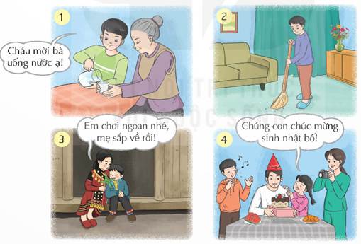 CHÀO CỜ: VUI TRUNG THU CÙNG BẠN- Tham gia trò chuyện chủ đề gia đình yêu thương- Chia sẻ về trách nhiệm của mỗi thành viên trong gia đình để tạo bầu không khí vui vẻ, đầm ấm.Gợi ý:- Để tạo được không khí vui vẻ, đầm ấm trong gia đình thì mỗi thành viên trong gia đình cần phải thực hiện được trách nhiệm và bổn phận của mình. Ví dụ: + Ông bà yêu thương, dạy bảo con cháu.+ Bố mẹ chăm sóc, phụng dưỡng ông bà, quan tâm và dạy bảo con cái.+ Con cháu vâng lời, lễ phép với ông bà, bố mẹ. San sẻ, phụ giúp công việc với mọi người… HOẠT ĐỘNG GIÁO DỤC: TRÁCH NHIỆM CỦA EM TRONG GIA ĐÌNH1. Tìm hiểu về trách nhiệm của em trong gia đình- Chia sẻ những thái độ, lời nói, việc em đã làm để thể hiện trách nhiệm với gia đình.- Thảo luận về những cách thể hiện trách nhiệm với gia đình.Gợi ý:- Ví dụ về những thái độ, lời nói, việc em đã làm để thể hiện trách nhiệm với gia đình:+ Đi thưa về chào với ông bà, cha mẹ, anh chị.+ Phụ giúp công việc nhà cho bố mẹ (nhặt rau, quét nhà, chăm em…)+ Chăm sóc bố mẹ, ông bà khi họ bị ốm.+ Đưa ra những đóng góp ý kiến về những kế hoạch trong gia đình (tổ chức mừng thọ, sinh nhật, đi picnic…)- Những cách thể hiện trách nhiệm với gia đình là:+ Đối với người thân trong gia đình: yêu thương người thân; lễ phép với ông bà, cha mẹ, anh chị; nhường nhịn em nhỏ; quan tâm, chăm sóc người thân, nhất là những lúc người thân đau ốm hoặc gặp khó khăn.+ Đối với công việc gia đình: tự giác nhận làm và làm tốt những công việc gia đình phù hợp với khả năng của bản thân.+ Đối với các hoạt động chung của gia đình: tự giác tham gia đề xuất ý tưởng hoạt động, chuẩn bị hoạt động, thực hiện hoạt động phù hợp với khả năng của bản thân và hoàn thành tốt những phần việc đảm nhận. 2. Xác định việc làm thể hiện trách nhiệm với gia đình- Thảo luận, xác định những việc làm thể hiện trách nhiệm với gia đình trong mối tranh sau:- Trình bày ý kiến của nhóm trước lớp.Gợi ý:- Những việc làm thể hiện trách nhiệm với gia đình trong mỗi tranh:+ Tranh 1: lễ phép và quan tâm, chăm sóc bà.+ Tranh 2: quét dọn nhà cửa+ Tranh 3: chăm sóc, yêu thương em nhỏ+ Tranh 4: tham gia chúc mừng sinh nhật bố. SINH HOẠT LỚP: THỂ HIỆN TRÁCH NHIỆM VỚI GIA ĐÌNH