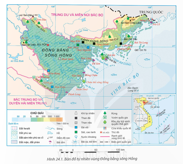 MỞ ĐẦUĐồng bằng sông Hồng là vùng có lịch sử khai thác lãnh thổ lâu đời, nhiều thế mạnh để phát triển kinh tế - xã hội nhưng cũng có những han chế nhất định. Thế mạnh và hạn chế của vùng như thế nào? Vấn đề phát triển công nghiệp, dịch vụ của vùng ra sao?Giải chi tiết:* Thế mạnh- Địa hình và đất: + Phần lớn diện tích của vùng là địa hình đồng bằng được bồi đắp bởi hệ thống sông Hồng và sông Thái Bình, có đất phù sa màu mỡ. + Vùng còn có địa hình đồi núi ở phía bắc, rìa phía tây và tây nam, với đất feralit + Vùng biển Quảng Ninh, Hải Phòng có nhiều đảo, quần đảo với cảnh quan đa dạng.- Khí hậu: có khí hậu nhiệt đới ẩm gió mùa, nhiệt độ trung bình năm cao, lượng mưa trung bình năm từ 1 500 đến 2000 mm;- Nguồn nước: Mạng lưới sông ngòi dày đặc, có nhiều hệ thống sông lớn, nguồn nước ngầm khá phong phú, cung cấp nước cho sản xuất và sinh hoạt.- Rừng: Diện tích rừng trong vùng là 487,4 nghìn ha, tập trung chủ yếu ở Quảng Ninh và các khu vực đồi núi ở rìa phía tây, tây nam của vùng và trên các đảo, ven biển có rừng ngập mặn.- Khoáng sản: Vùng có một số loại khoáng sản có giá trị để phát triển công nghiệp.- Biển: Là thế mạnh của Đồng bằng sông Hồng trong phát triển kinh tế. * Hạn chế- Hằng năm, vùng chịu ảnh hưởng của nhiều thiên tai, nhất là bão, lũ.- Tác động của biến đổi khí hậu đến vùng ngày càng phức tạp hơn. - Vấn đề ô nhiễm môi trường ở nhiều nơi, đặc biệt ở các đô thị lớn đang trở thành sức ép trong phát triển bền vững.* Vấn đề phát triển công nghiệp- Công nghiệp của Đồng bằng sông Hồng phát triển sớm. - Công nghiệp phát triển theo hướng hiện đại, công nghệ cao, ít phát thải khí nhà kính, có khả năng cạnh tranh, giá trị gia tăng cao, tham gia sâu, toàn diện vào mạng lưới sản xuất, chuỗi giá trị toàn cầu.- Cơ cấu ngành công nghiệp khá đa dạng. - Đồng bằng sông Hồng có mức độ tập trung công nghiệp cao nhất cả nước. * Vấn đề phát triển dịch vụ- Giao thông vận tải: phát triển nhanh, đồng bộ, hiện đại, với đẩy đủ các loại hình giao thông.- Thương mại: Đồng bằng sông Hồng phát triển mạnh, cả nội thương và ngoại thương.- Du lịch: Du lịch là ngành kinh tế mũi nhọn của vùng, phát triển dựa trên tài nguyên du lịch tự nhiên và tài nguyên du lịch văn hoá phong phú.- Các ngành dịch vụ khác+ Tài chính ngân hàng phát triển mạnh do kinh tế vùng phát triển. + Các lĩnh vực dịch vụ khác như: giáo dục – đào tạo, y tế, logistics,... cũng phát triển mạnh.I. KHÁI QUÁTCâu hỏi: Dựa vào thông tin mục 1 và hình 24.1, hãy:- Trình bày đặc điểm vị trí địa lý và phạm vi lãnh thổ của vùng Đồng bằng sông Hồng.- Nêu một số đặc điểm về dân số của vùngGiải chi tiết:* Vị trí địa lí và phạm vi lãnh thổ- Đồng bằng sông Hồng bao gồm 2 thành phố trực thuộc Trung ương là Hà Nội, Hải Phòng và 9 tỉnh: Hải Dương, Hà Nam, Nam Định, Thái Bình, Hưng Yên, Ninh Bình, Vĩnh Phúc, Bắc Ninh và Quảng Ninh. Diện tích của vùng là 21,3 nghìn km² (năm 2021).- Vùng giáp với nước láng giếng Trung Quốc, vùng Trung du và miền núi Bắc Bộ, Bắc Trung Bộ và Duyên hải miền Trung. Vùng có Thủ đô Hà Nội là trung tâm chính trị, kinh tế, văn hoá của cả nước. Đồng bằng sông Hồng có vùng biển rộng lớn thuộc vịnh Bắc Bộ với nhiều đảo, quần đảo như Cô Tô, Cái Bầu (Quảng Ninh), Cát Bà, Bạch Long Vĩ (Hải Phòng),...- Vùng có cửa khẩu thông thương với Trung Quốc, có các tuyến đường ô tô, đường sắt, đường biển, đường hàng không thuận lợi để phát triển kinh tế, thu hút đầu tư và giao lưu, hợp tác trong và ngoài nước. Vùng là địa bàn chiến lược về kinh tế, chính trị, quốc phòng an ninh.* Dân số- Đồng bằng sông Hồng có số dân đông nhất cả nước. Năm 2021, số dân của vùng là 23,2 triệu người, tỉ lệ tăng dân số tự nhiên là 1,07%.- Đồng bằng sông Hồng có mật độ dân số cao nhất cả nước, năm 2021 là 1 091 người/km², gấp 3,7 lần so với mật độ trung bình cả nước. Tỉ lệ dân thành thị cao hơn mức trung bình của cả nước, đạt 37,6% năm 2021.- Đồng bằng sông Hồng có nhiều dân tộc sinh sống như Kinh, Dao, Tày, Sán Dìu, Mường,... II. CÁC THẾ MẠNH VÀ HẠN CHẾ ĐỐI VỚI SỰ PHÁT TRIỂN KINH TẾ - XÃ HỘI.Câu hỏi: Dựa vào thông tin mục 1 và hình 24.1, hãy phân tích các thế mạnh và hạn chế về điều kiện tự nhiên và tài nguyên thiên nhiên đối với việc phát triển kinh tế - xã hội của vùng Đồng bằng sông Hồng.Giải chi tiết:a. Thế mạnh- Địa hình và đất: + Phần lớn diện tích của vùng là địa hình đồng bằng được bồi đắp bởi hệ thống sông Hồng và sông Thái Bình, có đất phù sa màu mỡ => Thuận lợi quy hoạch vùng chuyên canh cây lương thực, thực phẩm. + Vùng còn có địa hình đồi núi ở phía bắc, rìa phía tây và tây nam, với đất feralit => Thuận lợi cho phát triển cây công nghiệp, cây ăn quả.+ Vùng biển Quảng Ninh, Hải Phòng có nhiều đảo, quần đảo với cảnh quan đa dạng, => Thuận lợi để phát triển du lịch. + Khu vực ven biển có diện tích mặt nước thuận lợi cho nuôi trồng thuỷ sản.- Khí hậu: + Vùng có khí hậu nhiệt đới ẩm gió mùa, nhiệt độ trung bình năm cao, lượng mưa trung bình năm từ 1 500 đến 2000 mm;+ Trong năm có một mùa đông lạnh (2 đến 3 tháng nhiệt độ dưới 18°C) => Thuận lợi để phát triển nông nghiệp nhiệt đới và trồng cây ưa lạnh trong vụ đông.- Nguồn nước: + Mạng lưới sông ngòi dày đặc, có nhiều hệ thống sông lớn, nguồn nước ngầm khá phong phú=> Cung cấp nước cho sản xuất và sinh hoạt.+ Vùng có nguồn nước khoáng ở Quang Hanh (Quảng Ninh), Tiền Hải (Thái Bình), Kênh Gà (Ninh Bình)....=> Thuận lợi cho phát triển du lịch nghỉ dưỡng.- Rừng: + Diện tích rừng trong vùng là 487,4 nghìn ha, tập trung chủ yếu ở Quảng Ninh và các khu vực đồi núi ở rìa phía tây, tây nam của vùng và trên các đảo, ven biển có rừng ngập mặn. + Trong vùng có các vườn quốc gia như: Ba Vì (Hà Nội), Cát Bà (Hải Phòng), Tam Đảo (Vĩnh Phúc),... và các khu dự trữ sinh quyển Cát Bà, Châu thổ sông Hồng.- Khoáng sản: + Vùng có một số loại khoáng sản có giá trị để phát triển công nghiệp. + Than có trữ lượng lớn nhất, chiếm trên 90% trữ lượng than cả nước. + Than đá phân bố ở Quảng Ninh, than nâu ở các tỉnh phía nam của vùng. + Ngoài ra, đá vôi có ở Ninh Bình, Hà Nam, Hải Phòng,...; sét, cao lanh ở Hải Dương, Quảng Ninh,... - Biển:+ Là thế mạnh của Đồng bằng sông Hồng trong phát triển kinh tế. + Vùng có đường bờ biển dài từ Quảng Ninh đến Ninh Bình, có nhiều bãi tắm, trên biển có nhiều đảo, đặc biệt quần thể vịnh Hạ Long và quần đảo Cát Bà là di sản thiên nhiên thế giới tạo thuận lợi để phát triển du lịch. + Diện tích vùng biển rộng, nhiều vịnh, nhiều cửa sông, có ngư trường trọng điểm Hải Phòng – Quảng Ninh thuận lợi để nuôi trồng, khai thác thuỷ sản và phát triển giao thông vận tải biển.b. Hạn chế- Hằng năm, vùng chịu ảnh hưởng của nhiều thiên tai, nhất là bão, lũ.- Tác động của biến đổi khí hậu đến vùng ngày càng phức tạp hơn. - Vấn đề ô nhiễm môi trường ở nhiều nơi, đặc biệt ở các đô thị lớn đang trở thành sức ép trong phát triển bền vững. Câu hỏi: Dựa vào thông tin mục 2, hãy phân tích các thế mạnh và hạn chế của điều kiện kinh tế - xã hội đối với sự phát triển kinh tế - xã hội của vùng Đồng bằng sông Hồng.Giải chi tiết:a. Thế mạnh- Dân cư và nguồn lao động:+ Đồng bằng sông Hồng có số dân đông, nguồn lao động dồi dào. + Lực lượng lao động từ 15 tuổi trở lên chiếm khoảng 50% tổng số dân của vùng, tỉ lệ lao động đã qua đào tạo cao nhất cả nước (37,0% tổng lao động của vùng năm 2021). + Nguồn lao động dồi dào, trình độ cao, thuận lợi cho thu hút đầu tư, ứng dụng khoa học - công nghệ trong sản xuất và phát triển đa ngành kinh tế.- Cơ sở hạ tầng và cơ sở vật chất – kĩ thuật + Thuộc loại tốt nhất cả nước. + Giao thông vận tải có nhiều loại hình, mạng lưới bưu chính viễn thông phát triển rộng khắp, khả năng cung cấp điện, nước và các điểu kiện cơ sở vật chất – kĩ thuật của các ngành kinh tế tốt là điều kiện thuận lợi thúc đẩy sự phát triển kinh tế – xã hội.- Chính sách phát triển kinh tế: + Đồng bằng sông Hồng thực hiện chủ trương tái cơ cấu nền kinh tế, đẩy mạnh phát triển kinh tế số, kinh tế xanh, kinh tế tuần hoàn,... góp phần thúc đẩy kinh tế của vùng tăng trưởng nhanh và hướng đến phát triển bền vững.- Vốn đầu tư: + Đồng bằng sông Hồng có vùng động lực phía bắc với tam giác là Hà Nội – Hải Phòng – Quảng Ninh, có sức thu hút nguồn vốn đầu tư trong và ngoài nước lớn. + Năm 2022, vùng chiếm 33,6% tổng số dự án đầu tư trực tiếp nước ngoài và 30,2% tổng số vốn đăng kí của cả nước => Đây là điểu kiện thuận lợi thúc đẩy kinh tế của vùng phát triển nhanh.- Lịch sử - văn hoá:+ Vùng có truyền thống văn hoá và lịch sử lâu đời nhất nước ta. + Trong vùng, có nhiều di sản văn hoá thế giới, nhiều di tích lịch sử - văn hoá, các giá trị văn hoá truyển thống, lễ hội,... thuận lợi để phát triển kinh tế, đặc biệt là du lịch.b. Hạn chế- Số dân đồng, mật độ dân số cao gây khó khăn cho giải quyết việc làm, sử dụng tài nguyên thiên nhiên và bảo vệ môi trường.- Cơ sở hạ tầng ở một số nơi quá tải, ảnh hưởng đến phát triển kinh tế - xã hội.III. MỘT SỐ VẤN ĐỀ PHÁT TRIỂN KINH TẾ - XÃ HỘICâu hỏi: Dựa vào thông tin mục 1 và hình 24.2, hãy phân tích vấn đề phát triển công nghiệp ở Đồng bằng sông Hồng.Giải chi tiết:- Công nghiệp của Đồng bằng sông Hồng phát triển sớm. - Giá trị sản xuất công nghiệp cao và tăng nhanh, chiếm trên 37% giá trị sản xuất công nghiệp của cả nước (năm 2021).- Công nghiệp phát triển theo hướng hiện đại, công nghệ cao, ít phát thải khí nhà kính, có khả năng cạnh tranh, giá trị gia tăng cao, tham gia sâu, toàn diện vào mạng lưới sản xuất, chuỗi giá trị toàn cầu.- Cơ cấu ngành công nghiệp khá đa dạng; nổi bật là: công nghiệp sản xuất sản phẩm điện tử, máy vi tính; sản xuất ô tô và xe có động cơ khác; sản xuất, chế biến thực phẩm; dệt, sản xuất trang phục; nhiệt điện và khai thác than.+ Công nghiệp sản xuất sản phẩm điện tử, máy vi tính phát triển nhanh. Các sản phẩm chủ yếu là máy tính, thiết bị điện tử, điện tử tiêu dùng và thiết bị viễn thông. Các cơ sở sản xuất phân bố chủ yếu ở Bắc Ninh, Hà Nội, Vĩnh Phúc,...+ Công nghiệp sản xuất ô tô và xe có động cơ khác có sự tham gia của các doanh nghiệp FDI, tham gia vào chuỗi cung ứng toàn cầu, phân bố chủ yếu ở Hà Nội, Hải Phòng, Vĩnh Phúc, Ninh Bình,...+ Công nghiệp sản xuất, chế biến thực phẩm có vị trí quan trọng trong cơ cấu công nghiệp của vùng, phân bố chủ yếu ở Hà Nội, Hải Phòng, Quảng Ninh,...+ Công nghiệp dệt, sản xuất trang phục phát triển dựa trên cơ sở nguồn lao động dồi dào, thị trường tiêu thụ rộng lớn. Các cơ sở lớn tập trung ở Hà Nội, Nam Định, Hưng Yên.+ Nhiệt điện: Vùng có nhiều nhà máy nhiệt điện có công suất lớn, nguồn nhiên liệu - chủ yếu là than như: Phả Lại (Hải Dương), Cẩm Phả, Mông Dương,... (Quảng Ninh), Hải Phòng 1 và 2 (Hải Phòng), Thái Bình 1 và 2 (Thái Bình)....+ Công nghiệp khai thác than tập trung chủ yếu ở Quảng Ninh. Sản lượng than khai thác của vùng năm 2021 là 45,3 triệu tấn (chiếm hơn 90% của cả nước). Hiện nay, việc khai thác than có sự thay đổi, một số mỏ lộ thiên đã dừng khai thác đồng thời tăng cường ứng dụng công nghệ cao để giảm thất thoát tài nguyên và hạn chế ô nhiễm môi trường.- Đồng bằng sông Hồng có mức độ tập trung công nghiệp cao nhất cả nước. - Các khu công nghiệp tập trung chủ yếu ở Hà Nội, Vĩnh Phúc, Bắc Ninh, Hải Phòng, Quảng Ninh,... Các trung tâm công nghiệp của vùng là Hà Nội, Hải Phòng, Bắc Ninh, Hạ Long.- Định hướng phát triển: đẩy mạnh ứng dụng công nghệ hiện đại, ít phát thải khí nhà kính, có khả năng cạnh tranh, tham gia toàn diện vào chuỗi giá trị toàn cầu; ưu tiên phát triển một số ngành công nghiệp mới như sản xuất chíp, bán dẫn, rô-bốt, vật liệu mới.... Câu hỏi: Dựa vào thông tin mục 2 và hình 24.2, hãy phân tích vấn đề phát triển dịch vụ ở vùng Đồng bằng sông HồngGiải chi tiết:1. Giao thông vận tải- Giao thông vận tải ở Đồng bằng sông Hồng phát triển nhanh, đồng bộ, hiện đại, với đẩy đủ các loại hình giao thông.+ Đường ô tô phát triển nhanh cả về mạng lưới và chất lượng. Các tuyến cao tốc (Hà Nội – Hải Phòng, Hải Phòng – Móng Cái, Hà Nội – Lào Cai,...), các tuyến quốc lộ 5 (Hà Nội – Hải Phòng), quốc lộ 10 (Ninh Bình – Hải Phòng), quốc lộ 18 (Hà Nội – Bắc Ninh - Hải Dương),... -> giúp kết nối các địa phương trong vùng và cả nước cũng như quốc tế.+ Hệ thống đường sắt phát triển. Thủ đô Hà Nội là đầu mối đường sắt lớn nhất cả nước. Từ Hà Nội, có các tuyến đường sắt đi Thành phố Hồ Chí Minh, Lào Cai, Lạng Sơn, Hải Phòng, Thái Nguyên. Tuyến đường sắt trên cao (Cát Linh - Hà Đông, Nhổn - ga Hà Nội) -> góp phần giải quyết tình trạng ùn tắc giao thông ở Hà Nội.+ Giao thông đường hàng không phát triển nhanh. Đồng bằng sông Hồng có 3 cảng hàng không quốc tế là Nội Bài (Hà Nội), Cát Bi (Hải Phòng) và Vân Đồn (Quảng Ninh).+ Giao thông đường biển trong vùng phát triển mạnh. Vùng có 4 cảng biển, với nhiều bến cảng, trong đó cảng Hải Phòng là cảng đặc biệt, cảng Quảng Ninh là cảng loại 1. Các tuyến đường biển quốc tế quan trọng là từ Hải Phòng đi Hồng Công, Thượng Hải, Tô-ky-ô, Vla-di-vô-xtốc,...; các tuyến đường biển nội địa từ Hải Phòng đi Đà Nẵng, Thành phố Hồ Chí Minh,...+ Các tuyến giao thông đường sông như sông Hồng, sông Đuống, sông Luộc, sông Đáy, sông Thái Bình,... -> có vai trò quan trọng trong vận chuyển hàng hoá ở vùng.=> Đồng bằng sông Hồng có khối lượng hàng hoá, hành khách vận chuyển lớn, chiếm tỉ trọng cao so với cả nước. Năm 2021, vùng chiếm 44,9% khối lượng hành khách vận chuyển và 36,4% khối lượng hàng hoá vận chuyển của cả nước. Thủ đô Hà Nội và thành phố Hải Phòng là hai đầu mối giao thông quan trọng nhất của vùng.2. Thương mạiĐồng bằng sông Hồng phát triển mạnh, cả nội thương và ngoại thương.- Hoạt động nội thương: + Phát triển mạnh ở các địa phương, hàng hoá phong phú, không ngừng nâng cao về chất lượng và mẫu mã sản phẩm. + Hình thức buôn bán đa dạng và ngày càng hiện đại hơn (chợ, siêu thị, trung tâm thương mại, thương mại điện tử,...). + Tổng mức bán lẻ hàng hoá và doanh thu dịch vụ tiêu dùng tăng nhanh, năm 2021 chiếm 25,9% so với cả nước. + Hà Nội là trung tâm thương mại lớn nhất vùng.- Hoạt động ngoại thương: + Trị giá xuất khẩu tăng nhanh và chiếm tỉ trọng cao trong cả nước. + Năm 2021, vùng chiếm gần 35% trị giá xuất khẩu của cả nước. + Các địa phương có trị giá xuất khẩu cao nhất trong vùng là Bắc Ninh, Hải Phòng, Hà Nội, Hải Dương.3. Du lịch- Du lịch là ngành kinh tế mũi nhọn của vùng, phát triển dựa trên tài nguyên du lịch tự nhiên và tài nguyên du lịch văn hoá phong phú. - Loại hình du lịch trong vùng rất đa dạng, trong đó du lịch biển đảo, du lịch văn hoá là thế mạnh. - Doanh thu du lịch lữ hành chiếm tỉ trọng cao trong cả nước. - Các điểm du lịch nổi tiếng là vịnh Hạ Long, Tràng An, Cát Bà, Cúc Phương,... Các trung tâm du lịch lớn là Hà Nội, Hạ Long, Hải Phòng.4. Các ngành dịch vụ khác- Tài chính ngân hàng phát triển mạnh do kinh tế vùng phát triển. + Ngành đang ứng dụng nhiều phương thức mới trong kinh doanh như: phát triển các mô hình ngân hàng số, gia tăng tiện ích,...+ Hà Nội là trung tâm tài chính ngân hàng lớn nhất vùng. + Bưu chính viễn thông ngày càng được hiện đại hoá=> tạo điều kiện thúc đẩy việc chuyển đổi số trong các hoạt động sản xuất và sinh hoạt. - Các lĩnh vực dịch vụ khác như: giáo dục – đào tạo, y tế, logistics,... cũng phát triển mạnh. LUYỆN TẬP, VẬN DỤNG