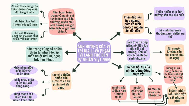 MỞ ĐẦUViệt Nam có vị trí địa lí đặc biệt. Lãnh thổ Việt Nam là một khối thống nhất và toàn vẹn, bao gồm vùng đất, vùng biển, vùng trời. Vị trí địa lí và phạm vi lãnh thổ có ảnh hưởng như thế nào đến tự nhiên, kinh tế - xã hội và an ninh quốc phòng của nước ta?Giải chi tiết:* Ảnh hưởng đến tự nhiên:- Việt Nam nằm hoàn toàn trong vùng nội chí tuyến bán cầu Bắc, trong khu vực thường xuyên chịu ảnh hưởng của gió Mậu dịch và gió mùa châu Á. => Nước ta có sắc thái chung của thiên nhiên vùng nhiệt đới ẩm gió mùa, khí hậu chịu ảnh hưởng của gió mùa, hệ sinh thái rừng nhiệt đới gió mùa phát triển trên đất feralit là cảnh quan tiêu biểu cho thiên nhiên nước ta.- Phần đất liền của nước ta hẹp ngang, lại nằm kề Biển Đông có nguồn ẩm dồi dào => Thiên nhiên chịu ảnh hưởng sâu sắc của biển, các hệ sinh thái rừng thường xanh chiếm ưu thế. - Việt Nam nằm ở vị trí tiếp giáp, nối liền lục địa với đại dương, liền kể với các vành đai sinh khoáng => Tài nguyên khoáng sản khá phong phú, đa dạng. - Nước ta là nơi hội tụ của nhiều luồng động và cả luồng di cư hằng năm của các loài sinh vật từ những vùng khác => Thành phần loài sinh vật rất phong phú.- Vị trí địa lí và đặc điểm lãnh thổ đã tạo cho thiên nhiên của nước ta có sự phân hoá đa dạng, khác nhau giữa miền Bắc với miền Nam; giữa miền núi với đồng bằng,... => Hình thành các miền địa lí tự nhiên khác nhau.- Nước ta nằm trong vùng có nhiều thiên tai như bão, áp thấp nhiệt đới, lũ, ngập lụt, hạn hán,...* Ảnh hưởng đến kinh tế - xã hội:- Vị trí địa lí gần trung tâm Đông Nam Á, nằm trong khu vực có kinh tế phát triển năng động bậc nhất thế giới, án ngữ trên các tuyến hàng hải, hàng không huyết mạch thông thương với nhiều cảng biển, cảng hàng không quốc tế,... => Tạo điều kiện cho Việt Nam hội nhập, giao lưu thuận lợi với các nước trong khu vực và trên thế giới, thúc đẩy mở cửa và thu hút vốn đầu tư của nước ngoài.- Các nước trong khu vực Đông Nam Á có nhiều nét tương đồng về lịch sử, văn hoá – xã hội và mối giao lưu lâu đời, => thuận lợi cho nước ta chung sống hoà bình, hợp tác hữu nghị và cùng phát triển với các nước trong khu vực.* Ảnh hưởng đến an ninh quốc phòng:- Có vị trí đặc biệt quan trọng ở khu vực Đông Nam Á, một khu vực kinh tế rất năng động và nhạy cảm với những biến động chính trị trên thế giới. - Biển Đông đối với nước ta là một hướng chiến lược quan trọng trong công cuộc xây dựng, phát triển kinh tế và bảo vệ đất nước. I. VỊ TRÍ ĐỊA LÍ, PHẠM VI LÃNH THỔCâu hỏi: Dựa vào thông tin mục 1 và hình 1.1, hãy xác định và nêu đặc điểm vị trí địa lí của Việt Nam?Giải chi tiết:- Việt Nam nằm trên bán đảo Đông Dương, gần trung tâm của khu vực Đông Nam Á.+ Phần đất liền tiếp giáp với Trung Quốc, Lào, Cam-pu-chia và có chung Biển Đông với nhiều quốc gia.+ Phần đất liền, phạm vi lãnh thổ Việt Nam được xác định bởi các điểm cực: điểm cực Bắc ở khoảng vĩ độ 23°23′B tại xã Lũng Cú, huyện Đồng Văn, tỉnh Hà Giang; điểm cực Nam ở khoảng vĩ độ 8°34′B tại xã Đất Mũi, huyện Ngọc Hiển, tỉnh Cà Mau; điểm cực Tây ở khoảng kinh độ 102°09 Đ tại xã Sín Thầu, huyện Mường Nhé, tỉnh Điện Biên; điểm cực Đông ở khoảng kinh độ 109°28′Đ tại xã Vạn Thạnh, huyện Vạn Ninh, tỉnh Khánh Hoà. + Trên vùng biển, phạm vi lãnh thổ của nước ta còn xuống tới khoảng vĩ độ 6°50′B và từ khoảng kinh độ 101°Ð tới trên 117°20' Đ tại Biển Đông.=> Việt Nam nằm hoàn toàn trong vùng nội chí tuyến bán cầu Bắc và thuộc khu vực khí hậu nhiệt đới gió mùa châu Á.- Lãnh thổ Việt Nam tiếp giáp với Biển Đông thông ra Thái Bình Dương, gần nơi giao nhau của các vành đai sinh khoáng lớn là Thái Bình Dương và Địa Trung Hải, trên đường di lưu của các loài sinh vật.- Việt Nam nằm trên ngã tư đường hàng hải và hàng không quốc tế nối liền châu Á với châu Đại Dương, Thái Bình Dương với Ấn Độ Dương; trong khu vực kinh tế phát triển năng động bậc nhất trên thế giới. Câu hỏi: Dựa vào thông tin mục 2 và hình 1.1, 1.2, hãy trình bày đặc điểm phạm vi lãnh thổ Việt Nam?Giải chi tiết:Lãnh thổ Việt Nam là một khối thống nhất và toàn vẹn bao gồm vùng đất, vùng biển và vùng trời.- Vùng đất: là toàn bộ phần đất liền được xác định trong phạm vi đường biên giới của nước ta với các nước láng giếng và phần đất nổi của hàng nghìn hòn đảo trên Biển Đông, với tổng diện tích các đơn vị hành chính hơn 331 nghìn km².- Vùng biển: có diện tích khoảng 1 triệu km², tiếp giáp với vùng biển của các nước Trung Quốc, Phi-líp-pin, Ma-lai-xi-a, Bru-nây, In-đô-nê-xi-a, Xin-ga-po, Cam-pu-chia và Thái Lan. Vùng biển nước ta bao gồm: nội thuỷ, lãnh hải, vùng tiếp giáp lãnh hải, vùng đặc quyền kinh tế và thềm lục địa.+ Nội thuỷ là vùng nước tiếp giáp với bờ biển, ở phía trong đường cơ sở và là bộ phận lãnh thổ của Việt Nam.+ Lãnh hải là vùng biển có chiều rộng 12 hải lí tính từ đường cơ sở ra phía biển. Ranh giới ngoài của lãnh hải là biên giới quốc gia trên biển của Việt Nam.+ Vùng tiếp giáp lãnh hải là vùng biển tiếp liền và nằm ngoài lãnh hải Việt Nam, có chiều rộng 12 hải lí tính từ ranh giới ngoài của lãnh hải.+ Vùng đặc quyền kinh tế là vùng biển tiếp liền và nằm ngoài lãnh hải Việt Nam, hợp với lãnh hải thành một vùng biển có chiều rộng 200 hải lí tính từ đường cơ sở.+ Thềm lục địa là vùng đáy biển và lòng đất dưới đáy biển, tiếp liền và nằm ngoài lãnh hải Việt Nam, trên toàn bộ phần kéo dài tự nhiên của lãnh thổ đất liền, các đảo và quần đảo của Việt Nam cho đến mép ngoài của rìa lục địa. - Vùng trời Việt Nam là khoảng không gian bao trùm lên lãnh thổ nước ta, trên đất liền được xác định bằng các đường biên giới; trên biển là ranh giới phía ngoài của lãnh hải và không gian của các đảo. II. ẢNH HƯỞNG CỦA VỊ TRÍ ĐỊA LÍ, PHẠM VI LÃNH THỔ ĐẾN TỰ NHIÊN, KINH TẾ - XÃ HỘI VÀ AN NINH QUỐC PHÒNG.Câu hỏi: Dựa vào thông tin mục 1, hãy phân tích ảnh hưởng của vị trí địa lí và phạm vi lãnh thổ đến tự nhiên của nước ta?Giải chi tiết:Vị trí địa lí và phạm vi lãnh thổ có ảnh hưởng trực tiếp đến sự hình thành các đặc điểm tự nhiên của nước ta.- Việt Nam nằm hoàn toàn trong vùng nội chí tuyến bán cầu Bắc, trong khu vực thường xuyên chịu ảnh hưởng của gió Mậu dịch và gió mùa châu Á. => Nước ta có sắc thái chung của thiên nhiên vùng nhiệt đới ẩm gió mùa, khí hậu chịu ảnh hưởng của gió mùa, hệ sinh thái rừng nhiệt đới gió mùa phát triển trên đất feralit là cảnh quan tiêu biểu cho thiên nhiên nước ta.- Phần đất liền của nước ta hẹp ngang, lại nằm kề Biển Đông có nguồn ẩm dồi dào => thiên nhiên chịu ảnh hưởng sâu sắc của biển, các hệ sinh thái rừng thường xanh chiếm ưu thế. - Việt Nam nằm ở vị trí tiếp giáp, nối liền lục địa với đại dương, liền kể với các vành đai sinh khoáng => Tài nguyên khoáng sản khá phong phú, đa dạng. - Nước ta là nơi hội tụ của nhiều luồng động, thực vật có nguồn gốc từ Hoa Nam (Trung Quốc) xuống, từ Ấn Độ – Mi-an-ma sang, từ Ma-lai-xi-a - In-đô-nê-xi-a lên và cả luồng di cư hằng năm của các loài sinh vật từ những vùng khác => Thành phần loài sinh vật rất phong phú.- Vị trí địa lí và đặc điểm lãnh thổ đã tạo cho thiên nhiên của nước ta có sự phân hoá đa dạng, khác nhau giữa miền Bắc với miền Nam; giữa miền núi với đồng bằng,... => Hình thành các miền địa lí tự nhiên khác nhau.- Nước ta nằm trong vùng có nhiều thiên tai như bão, áp thấp nhiệt đới, lũ, ngập lụt, hạn hán,... Câu hỏi: Dựa vào thông tin mục 2, hãy phân tích ảnh hưởng của vị trí địa lí, phạm vi lãnh thổ đến kinh tế - xã hội và an ninh quốc phòng của nước ta?Giải chi tiết:* Ảnh hưởng tới kinh tế - xã hội:- Vị trí địa lí gần trung tâm Đông Nam Á, - Nằm trong khu vực có kinh tế phát triển năng động bậc nhất thế giới, - Án ngữ trên các tuyến hàng hải, hàng không huyết mạch thông thương giữa Ấn Độ Dương và Thái Bình Dương, giữa châu Á và châu Đại Dương,... với nhiều cảng biển, cảng hàng không quốc tế,... => tạo điều kiện cho Việt Nam hội nhập, giao lưu thuận lợi với các nước trong khu vực và trên thế giới, thúc đẩy mở cửa và thu hút vốn đầu tư của nước ngoài.- Các nước trong khu vực Đông Nam Á có nhiều nét tương đồng về lịch sử, văn hoá – xã hội và mối giao lưu lâu đời=> Tạo điều kiện thuận lợi cho nước ta chung sống hoà bình, hợp tác hữu nghị và cùng phát triển với các nước trong khu vực.* Ảnh hưởng tới an ninh quốc phòng:- Có vị trí đặc biệt quan trọng ở khu vực Đông Nam Á, một khu vực kinh tế rất năng động và nhạy cảm với những biến động chính trị trên thế giới. - Biển Đông đối với nước ta là một hướng chiến lược quan trọng trong công cuộc xây dựng, phát triển kinh tế và bảo vệ đất nước. LUYỆN TẬP, VẬN DỤNG