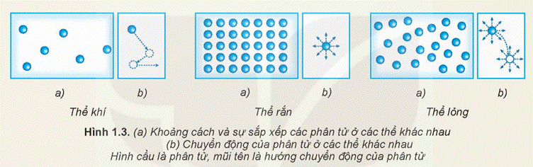 KHỞI ĐỘNGHãy dựa trên những kiến thức đã học về cấu tạo chất để giải thích tại sao cùng một chất lại có thể tồn tại ở các thể khác nhau là rắn, lỏng, khí.Giải chi tiết:Những kiến thức đã học về cấu tạo chất:- Các chất được cấu tạo từ các hạt riêng biệt là phân tử.- Các phân tử chuyển động không ngừng.- Các phân tử chuyển động càng nhanh thì nhiệt độ của vật càng cao.Ta lấy ví dụ cho dễ hiểu như sau: Nước có ba trạng thái là rắn, lỏng, khí. Khi nhiệt độ < 0ºC thì nước sẽ tồn tại ở trạng thái rắn bởi vì khi nhiệt độ càng cao thì các phân tử chuyển động chậm hơn, các phân tử sẽ ở gần nhau hơn, lực tương tác giữa các phân tử chất rắn rất mạnh nên giữ được các phân tử này ở vị trí xác định và làm cho chúng chỉ có thể dao động xung quanh các vị trí cân bằng xác định này. Khi nhiệt độ > 100℃ thì nước sẽ tồn tại ở trạng thái hơi (khí) bởi vì nhiệt độ cao thì các phân tử chuyển động càng nhanh, làm cho các phân tử ở xa nhau hơn, lực tương tác giữa các phân tử trở nên rất yếu nên chuyển động hoàn toàn hỗn loạn.Khi nhiệt độ ở < 100℃ và > 0℃ thì nước sẽ tồn tại ở trạng thái lỏng bởi vì lực tương tác các phân tử ở thể lỏng lớn hơn lực tương tác ở thể khí nên nó không chuyển động hỗn loạn như thể khí và lực tương tác các phân tử ở thể lỏng cũng nhỏ hơn lực tương tác các phân tử ở thể khí nên nó không thể giữ các phân tử ở những vị trí xác định như thể rắn được mà nó sẽ dao động xung quanh các vị trí cân bằng nhưng không cố định mà di chuyển.I. MÔ HÌNH ĐỘNG HỌC PHÂN TỬ VỀ CẤU TẠO CHẤTHoạt động 1: Trong lịch sử phát triển của khoa học, có hai quan điểm khác nhau về cấu tạo chất là quan điểm chất có cấu tạo liên tục và chất có cấu tạo gián đoạn. Mô hình động học phân tử được xây dựng trên quan điểm nào?Giải chi tiết:Mô hình động học phân tử được xây dựng trên quan điểm chất có cấu tạo gián đoạn.Hoạt động 2: Năm 1827, khi làm thí nghiệm quan sát các hạt phấn hoa rất nhỏ trong nước bằng kính hiển vi, Brown thấy chúng chuyển động hỗn loạn, không ngừng. (Hình 1.1 và Hình 1.2). Chuyển động này được gọi là chuyển động Brown.Tại sao thí nghiệm của Brown được coi là một trong những thí nghiệm chứng tỏ các phân tử chuyển động hỗn loạn, không ngừng?Làm thế nào để với thí nghiệm của Brown có thể chứng tỏ được khi nhiệt độ của nước càng cao thì các phân tử nước chuyển động càng nhanh?Giải chi tiết:Vì những phân tử, nguyên tử luôn luôn chuyển động hỗn loạn không ngừng tới mọi phía.Nhìn hình ảnh trên, ta có thể thấy được hướng chuyển động của các hạt phấn hoa dưới tác động của phân tử nước đều hỗn loạn không ngừng, đi về mọi phía.Để để chứng tỏ thí nghiệm của Brown khi nhiệt độ của nước càng cao thì các phân tử nước chuyển động càng nhanh ta có thể cho đóng đá hoặc đun sôi các hạt phấn hoa trong nước.Hoạt động 3: Hãy tìm các hiện tượng thực tế chứng tỏ giữa các phân tử có lực đẩy, lực hút.Giải chi tiết:Ví dụ : Giữa các phân tử có lưc hút là: để hai giọt nước tiếp xúc nhau thì chúng sẽ bị lực hút vào nhau nhập làm một giọt.Giữa các phân tử có lực đẩy là: chúng ta rất khó làm giảm thể tích của một khối chất lỏng II. CẤU TRÚC CỦA CHẤT RẮN, CHẤT LỎNG VÀ CHẤT KHÍHoạt động 1: Hãy dựa vào Hình 1.3 để mô tả, so sánh khoảng cách và sự sắp xếp (a), chuyển động (b) của phân tử ở các thể khác nhau. Từ đó mô tả một cách sơ lược về cấu trúc của chất rắn, chất lỏng, chất khí.Giải chi tiết:Mô tả: - Khoảng cách: Hình a của thể khí các phân tử có khoảng cách xa nhau, và sắp xếp không có trật tự. Hình a của thể rắn thì các phân tử có khoảng cách rất gần nhau và sắp xếp rất trật tự. Hình a của thể lỏng thì các phân tử có khoảng cách vừa phải, sắp xếp không trật tự.- Chuyển động: Hình a của thể khí thì các phân tử chuyển động vô cùng hỗn loạn, không theo một trật tự nào cả. Hình a của thể rắn thì các phân tử chyển động chậm, có trật tự và chỉ dao động xung quanh một vị trí xác định. Hình a của thể lỏng thì các phân tử chuyển động vừa phải, nó dao động quanh các vị trí cân bằng nhưng không cố định mà nó di chuyển.Cấu trúc của chất rắn: Các phân tử ở gần nhau (khoảng cách giữa các phân tử chỉ vào cỡ kích thước của chúng). Lực tương tác giữa các phân tử chất rắn rất mạnh nên giữ được các phân tử chất rắn rất mạnh nên giữ được các phân tử này ở các vị trí xác định và làm cho chúng chỉ có thể dao động xung quanh các vị trí cân bằng xác định này. Vì thế, các vật rắn có thể tích và hình dạng riêng xác định.Cấu trúc của chất lỏng: lực tương tác các phân tử ở thể lỏng lớn hơn lực tương tác ở thể khí nên nó không chuyển động hỗn loạn như thể khí và lực tương tác các phân tử ở thể lỏng cũng nhỏ hơn lực tương tác các phân tử ở thể khí nên nó không thể giữ các phân tử ở những vị trí xác định như thể rắn được mà nó sẽ dao động xung quanh các vị trí cân bằng nhưng không cố định mà di chuyển.Cấu trúc của chất khí: các phân tử ở xa nhau (khoảng cách giữa các phân tử lớn gấp hàng chục lần kích thước của chúng). Lực tương tác giữa các phân tử rất yếu nên các phân tử chuyển động hoàn toàn hỗn loạn. Vì thế, chất khí không có hình dạng và thể tích riêng. Chất khí chiếm toàn bộ thể tích của bình chứa và có thể nén được dễ dàng.Hoạt động 2: Hãy giải thích các đặc điểm sau đây của thể khí, thể rắn, thể lỏng.Chất khí không có hình dạng và thể tích riêng, luôn chiếm toàn bộ thể tích bình chứa và có thể nén được dễ dàng.Vật ở thể rắn có thể tích và hình dạng riêng, rất khó nén.Vật ở thể lỏng có thể tích riêng nhưng không có hình dạng riêng.Giải chi tiết:Vì lực liên kết giữa các phân tử chất khí rất yếu, chuyển động hỗn loạn không ngừng nên chất khí có thể chiếm toàn bộ thể tích bình chứa và có thể nén được dễ dàng.Vì các nguyên tử, phân tử ở gần nhau, lực tương tác giữa các nguyên tử, phân tử rất mạnh nên giữ được các nguyên tử, phân tử này ở vị trí xác định và làm cho chúng chỉ có thể dao động xung quanh các vị trí cân bằng xác định này, nên các vật có thể tích và hình dạng riêng, rất khó nén.Vì lực tương tác giữa các phân tử chất lỏng lớn hơn lực tương tác giữa các nguyên tử, phân tử chất khi nên giữ được các nguyên tử, phân tử không chuyển động phân tán ra xa nhau. Nhờ đó chất lỏng có thể tích riêng xác định. Nhưng lực này chưa đủ lớn giống chất rắn để giữ các phân tử ở những vị trí xác định được. Nên các phân tử ở thể lỏng cũng dao động xunh quang các vị trí cân bằng, nhưng những vị trí này không có định mà di chuyển nên là chất lỏng không có hình dạng riêng.III. SỰ CHUYỂN THỂ